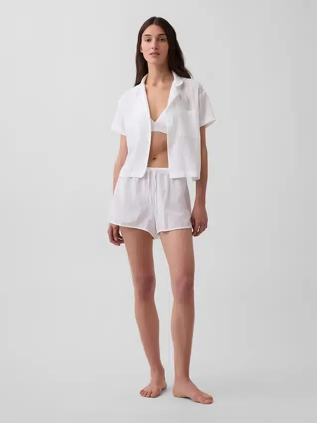Pyjama-korte broek van gekreukelde gaas