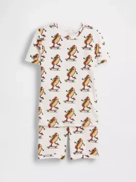 Pyjama-set voor kinderen van biologisch geborsteld katoen met hotdog-motief in korte broeken