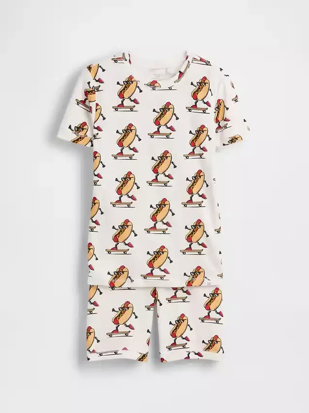Pyjama-set voor kinderen van biologisch geborsteld katoen met hotdog-motief in korte broeken