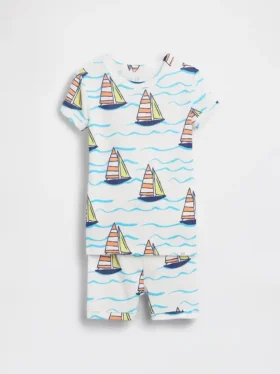 Pyjama-setje voor Baby & Peuter van biologisch geborsteld katoen met zeilbootmotief met korte broeken