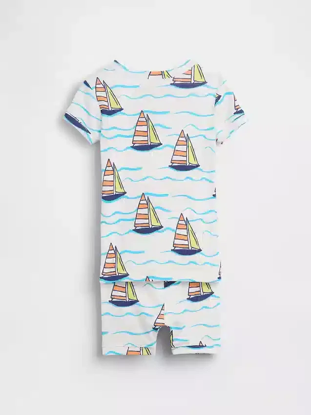 Pyjama-setje voor Baby & Peuter van biologisch geborsteld katoen met zeilbootmotief met korte broeken