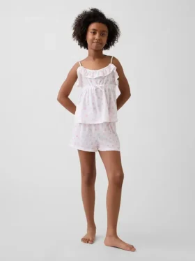 Pyjamaset voor kinderen van gerecycled materiaal met ruche-topje en korte broeken