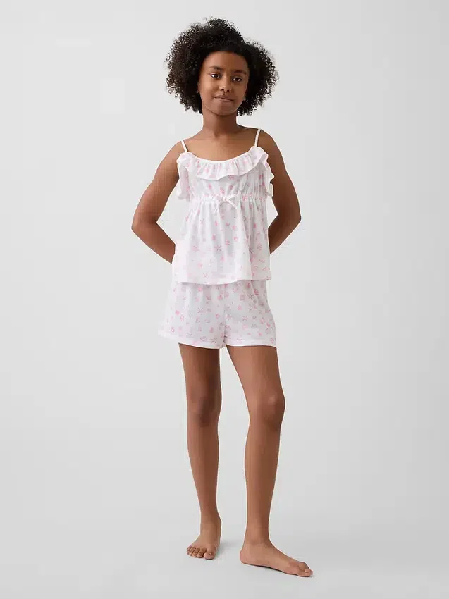 Pyjamaset voor kinderen van gerecycled materiaal met ruche-topje en korte broeken