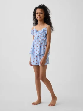 Pyjamaset voor kinderen van gerecycled materiaal met ruche-topje en korte broeken