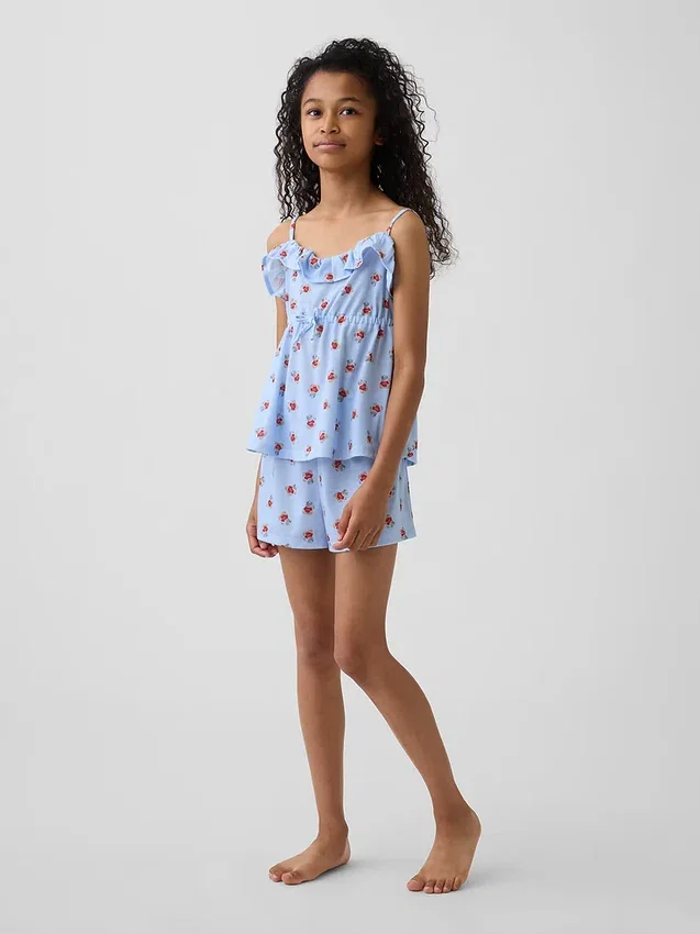 Pyjamaset voor kinderen van gerecycled materiaal met ruche-topje en korte broeken