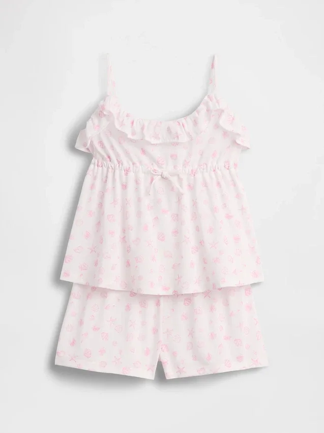 Pyjamaset voor kinderen van gerecycled materiaal met ruche-topje en korte broeken