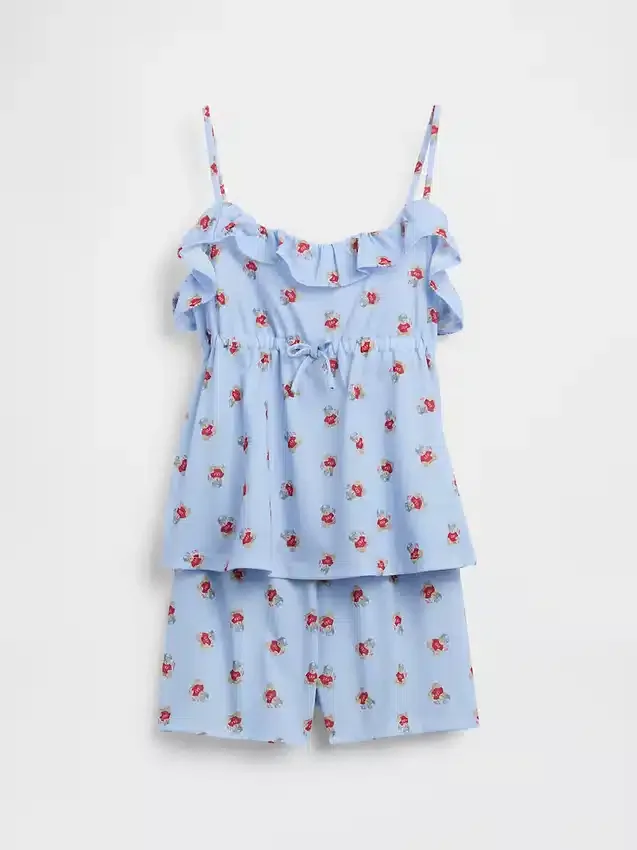 Pyjamaset voor kinderen van gerecycled materiaal met ruche-topje en korte broeken