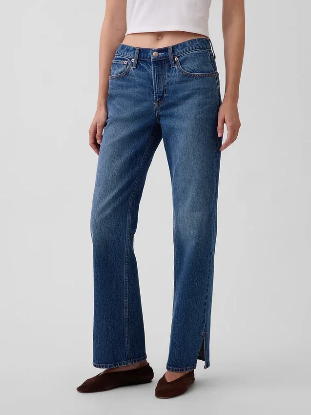 Relaxte rechte Jeans met middelhoge taille en gespleten zoom