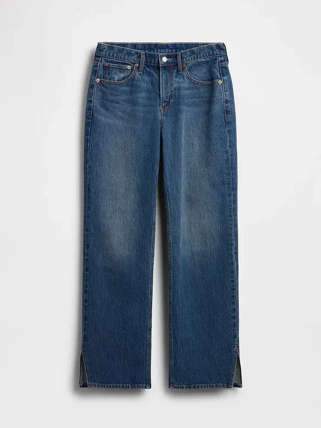 Relaxte rechte Jeans met middelhoge taille en gespleten zoom