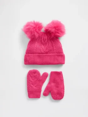 Set met kabelgebreide muts met pompon en wanten voor Baby & Peuter