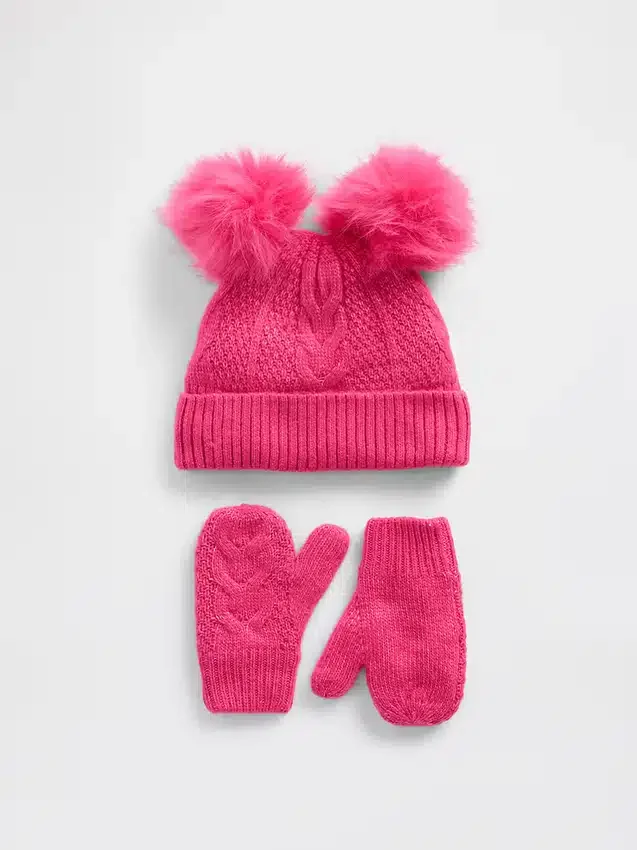 Set met kabelgebreide muts met pompon en wanten voor Baby & Peuter