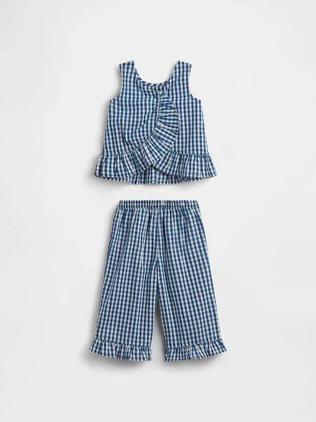 Set voor Baby & Peuter met geruite denim en ruches aan de zoom