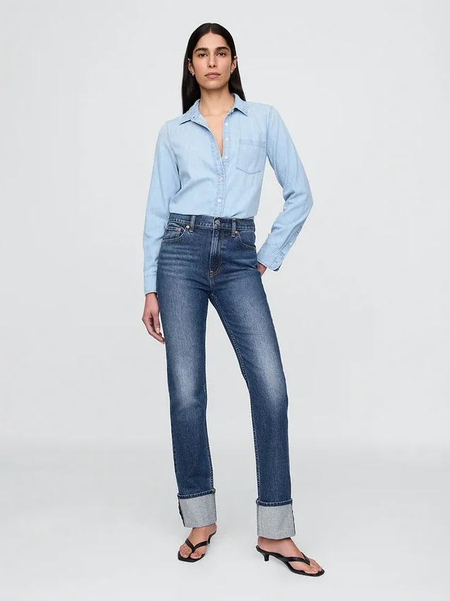 Slim straight jeans met hoge taille en omgeslagen boorden in jaren '90-stijl