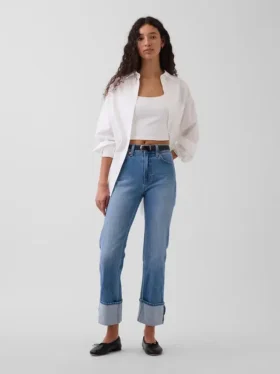 Slim straight jeans met hoge taille en omgeslagen boorden in jaren '90-stijl