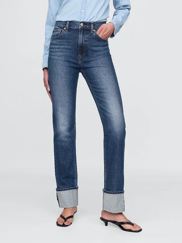 Slim straight jeans met hoge taille en omgeslagen boorden in jaren '90-stijl