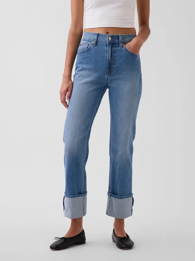 Slim straight jeans met hoge taille en omgeslagen boorden in jaren '90-stijl