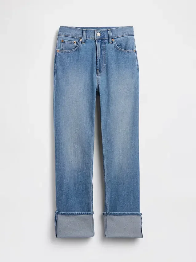Slim straight jeans met hoge taille en omgeslagen boorden in jaren '90-stijl