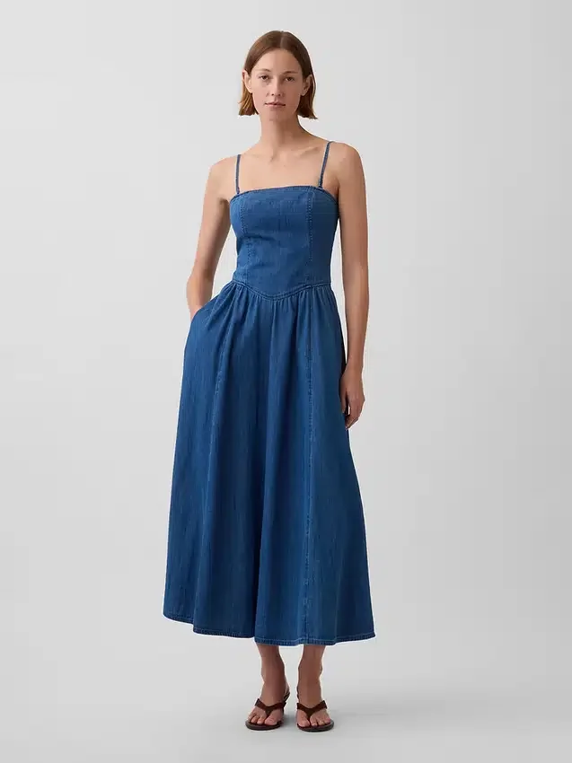 Strapless denim maxi-jurk
