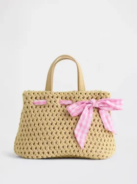 Strooien tas met strik voor peuters in gingham