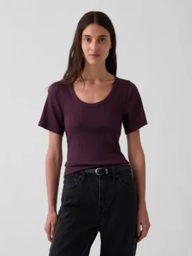 T-shirt met geribde ronde hals