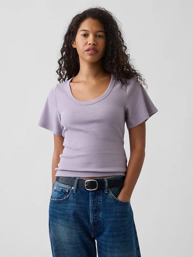 T-shirt met geribde ronde hals