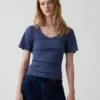 T-shirt met geribde ronde hals