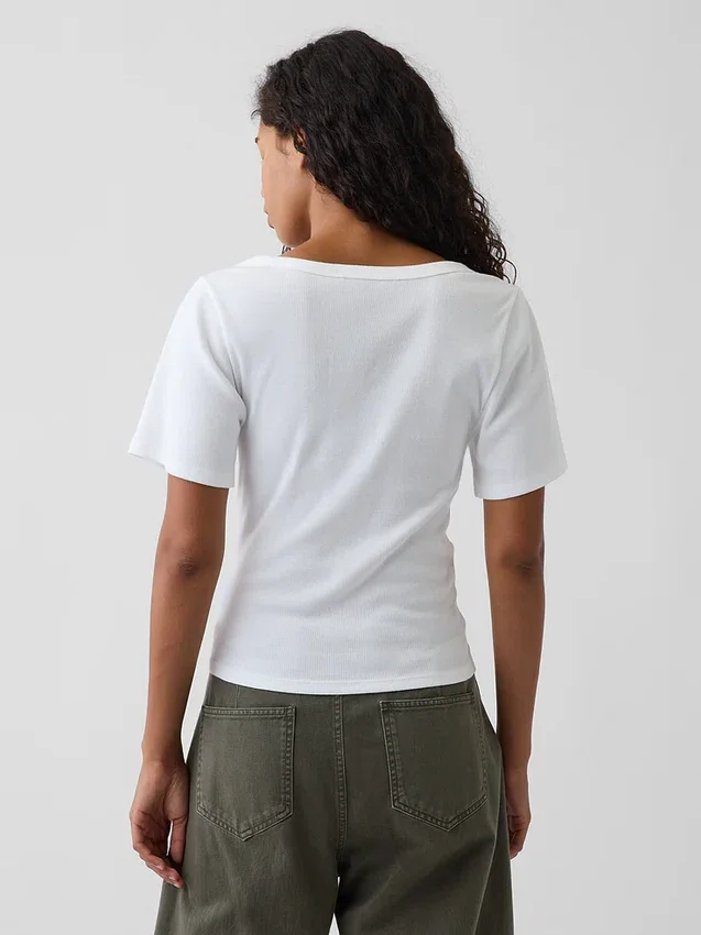 T-shirt met geribde ronde hals