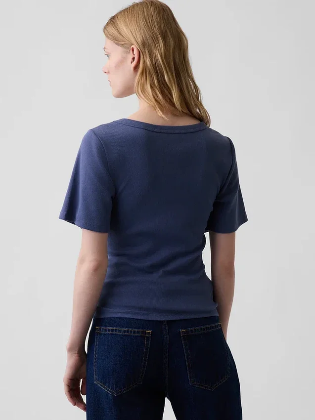 T-shirt met geribde ronde hals
