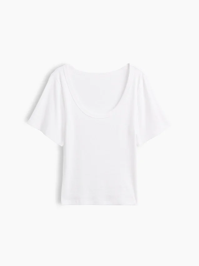 T-shirt met geribde ronde hals