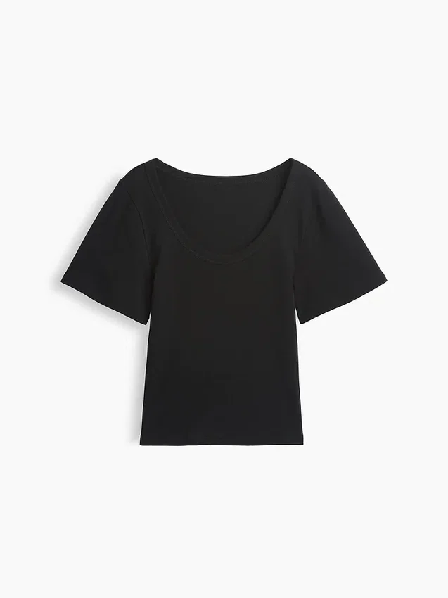 T-shirt met geribde ronde hals
