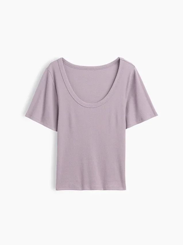 T-shirt met geribde ronde hals