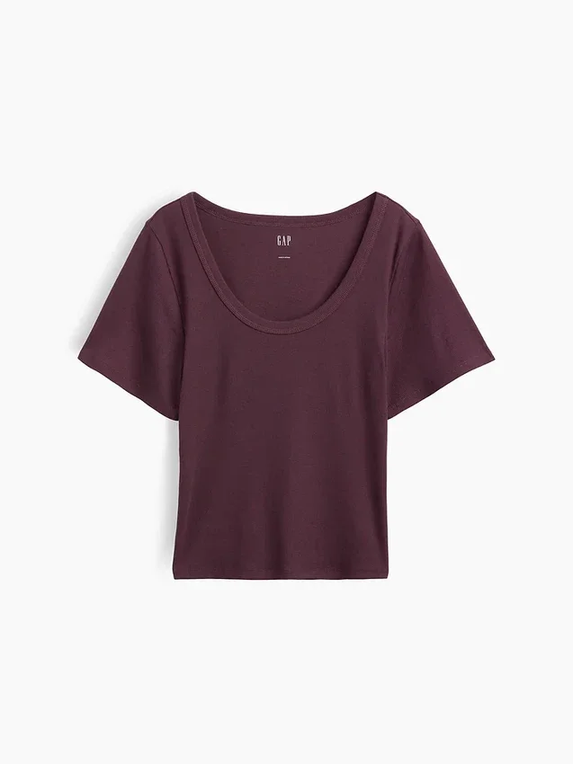 T-shirt met geribde ronde hals