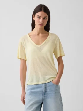T-shirt met V-hals van linnenmix in relaxte pasvorm