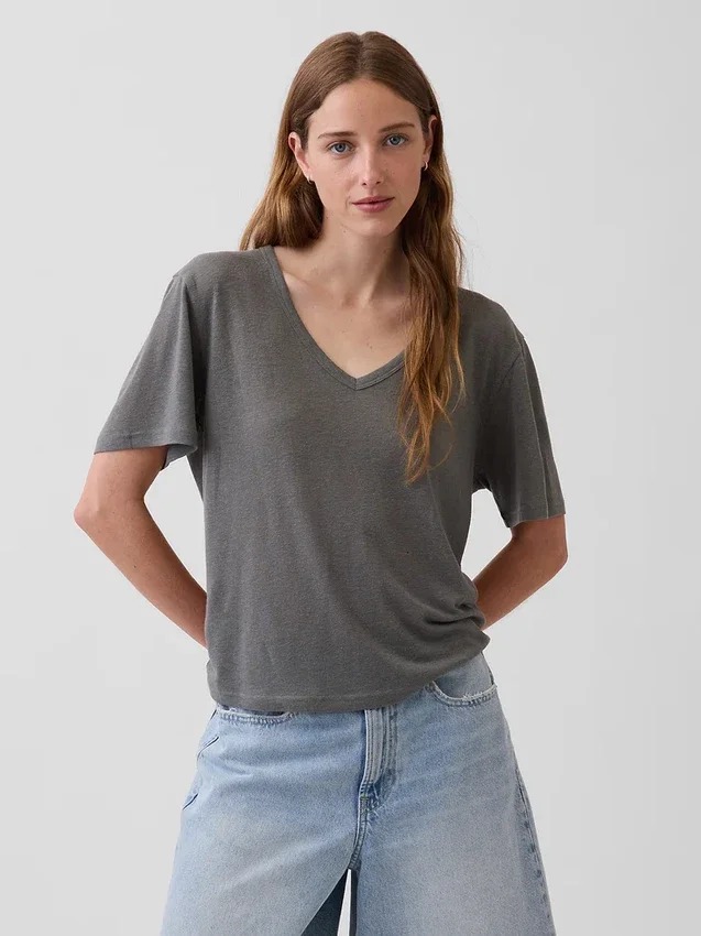 T-shirt met V-hals van linnenmix in relaxte pasvorm