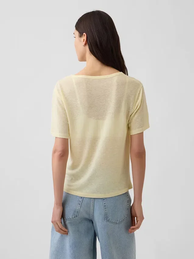 T-shirt met V-hals van linnenmix in relaxte pasvorm