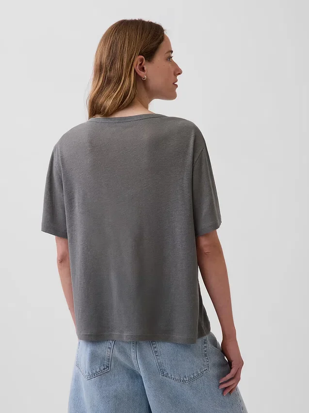 T-shirt met V-hals van linnenmix in relaxte pasvorm