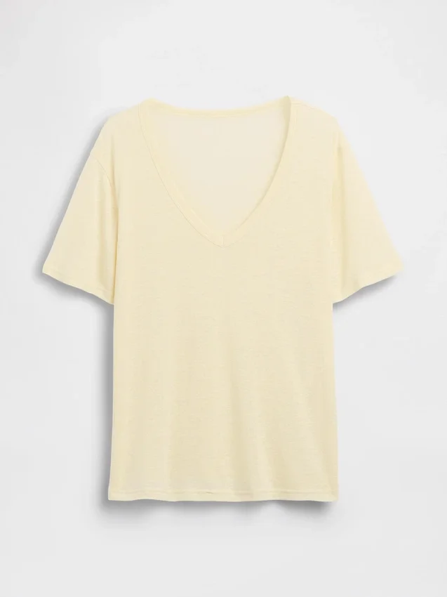 T-shirt met V-hals van linnenmix in relaxte pasvorm