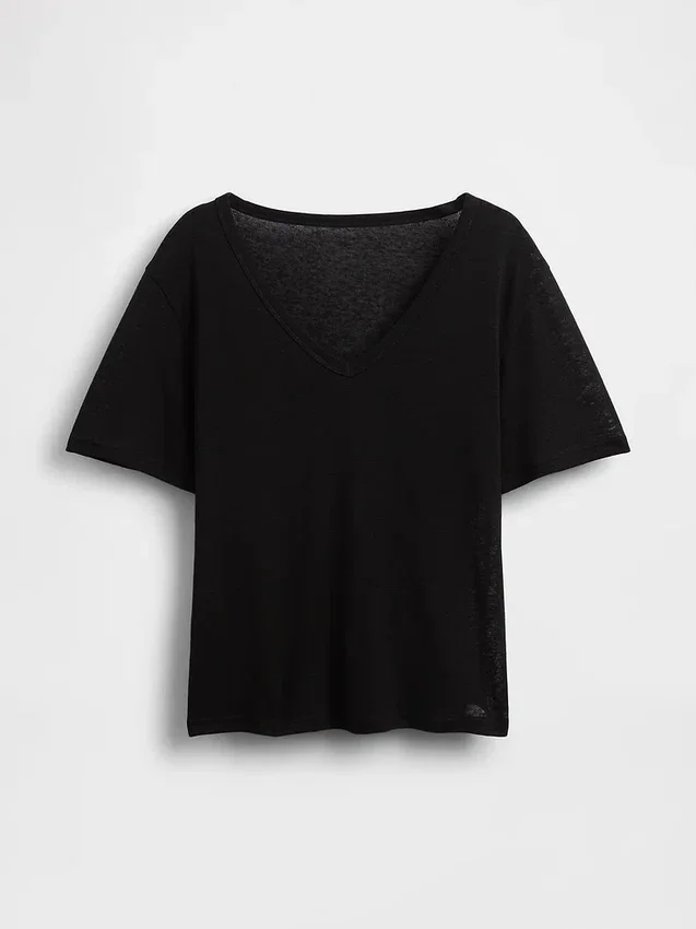 T-shirt met V-hals van linnenmix in relaxte pasvorm