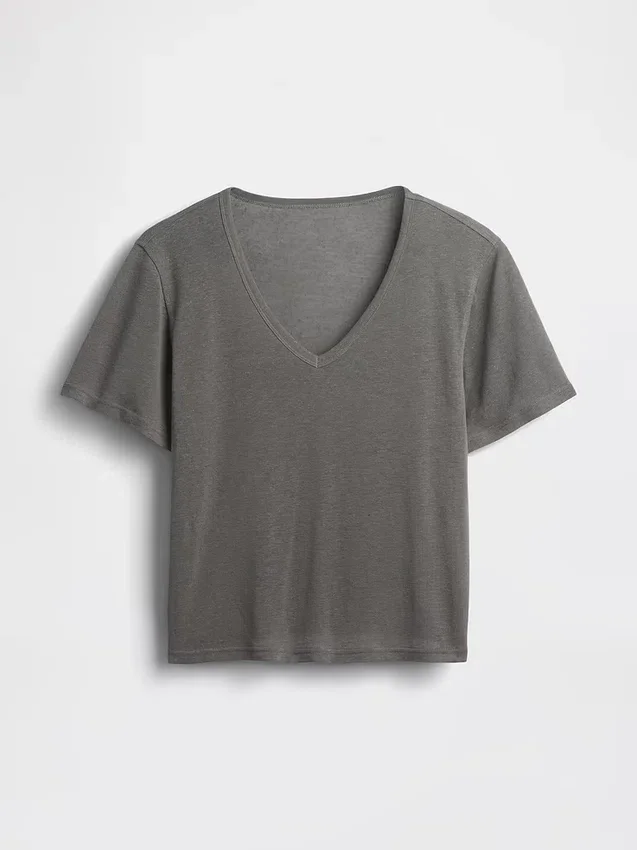T-shirt met V-hals van linnenmix in relaxte pasvorm