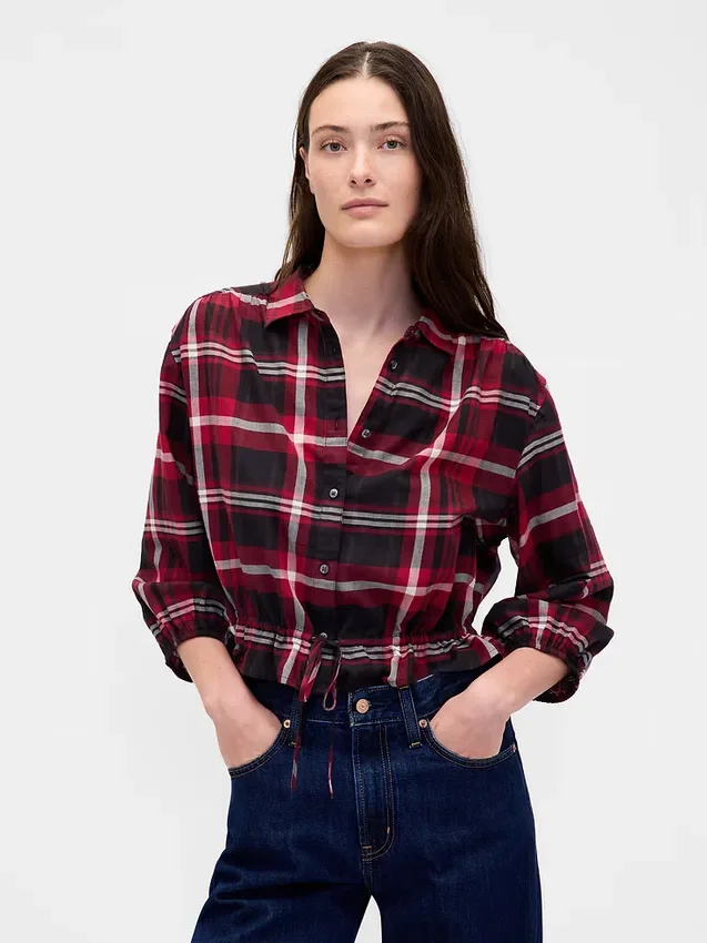 Top met geruite print en strik in de taille