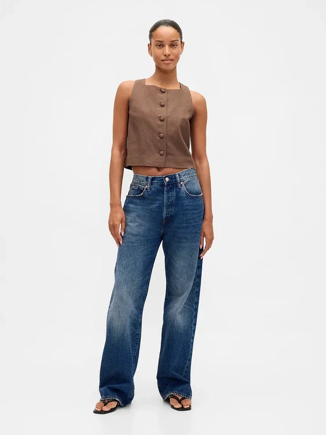 Top met knoopsluiting van linnenmix