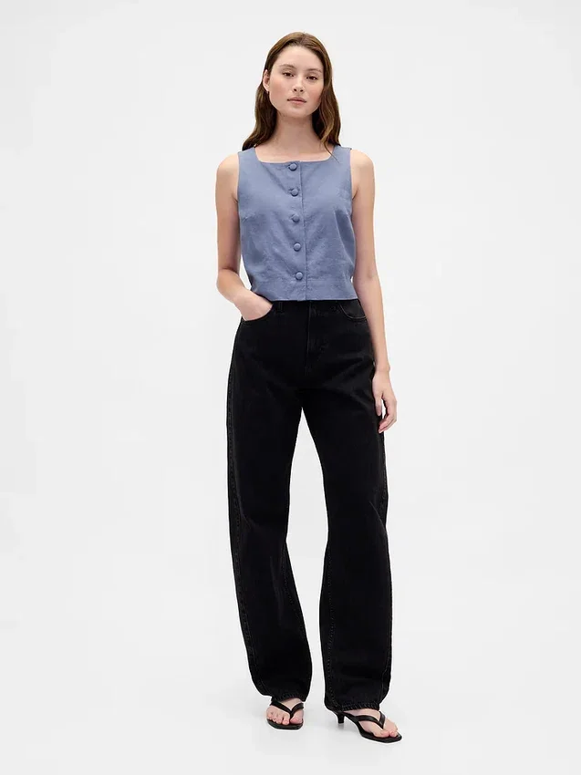 Top met knoopsluiting van linnenmix