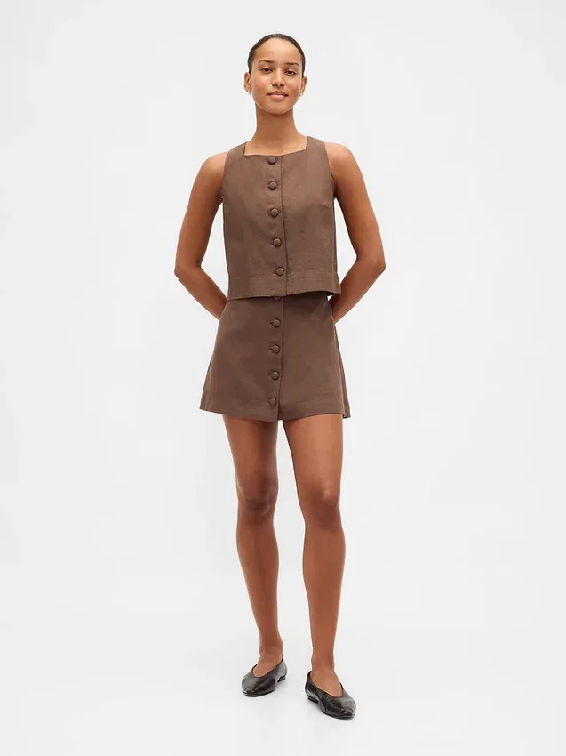 Top met knoopsluiting van linnenmix
