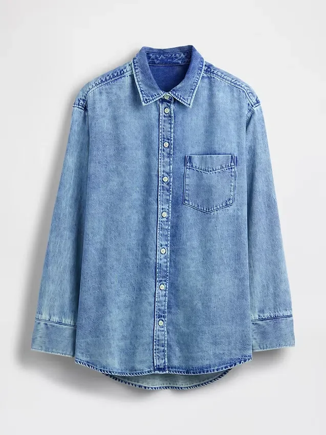 Ultrazacht denim overmaats overhemd met gerimpelde mouwen