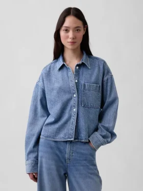 Ultrazacht denim oversized overhemd met rechte zoom en cropped lengte
