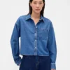 Ultrazacht denim oversized overhemd met rechte zoom en cropped lengte