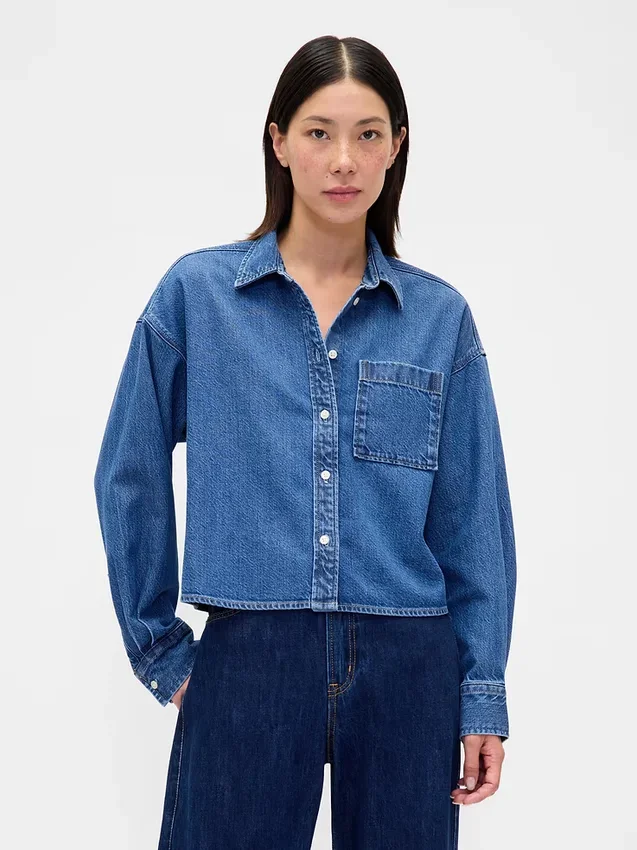 Ultrazacht denim oversized overhemd met rechte zoom en cropped lengte