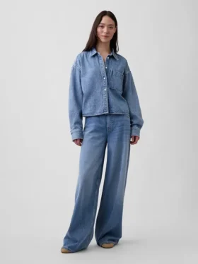 Ultrazacht denim oversized overhemd met rechte zoom en cropped lengte