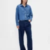 Ultrazacht denim oversized overhemd met rechte zoom en cropped lengte