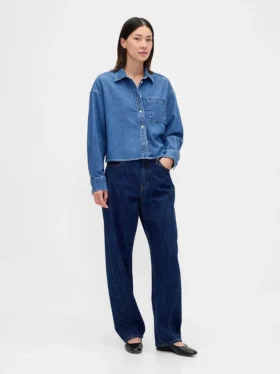 Ultrazacht denim oversized overhemd met rechte zoom en cropped lengte